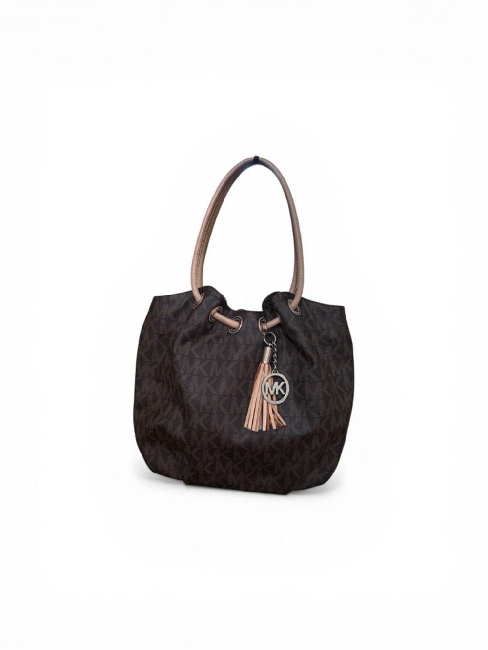 Vintage Michael Kors Brown Logo Drawstring Shoulder Bucket Bag with Blush Tassel